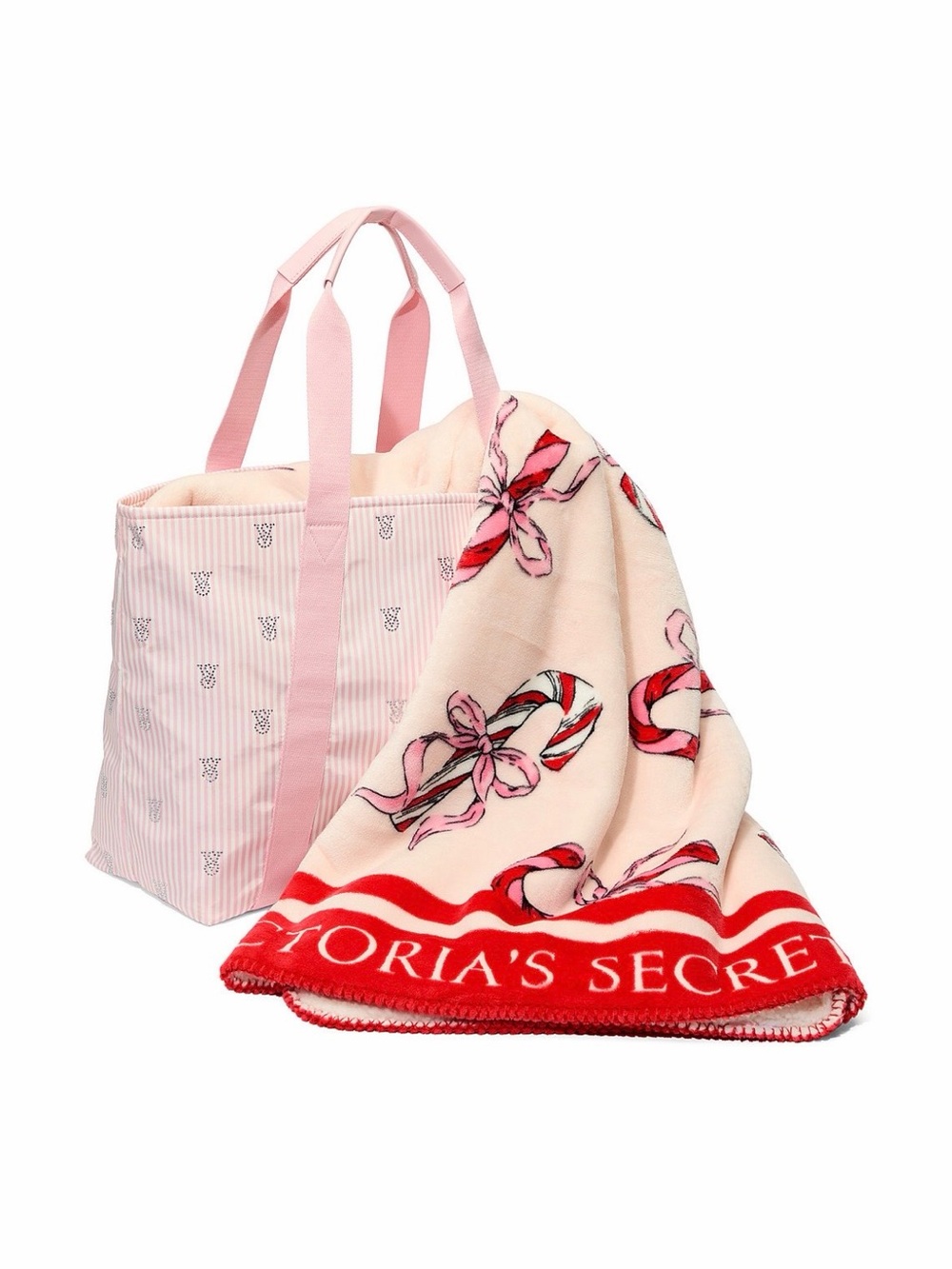 Victoria's Secret Pink Candy Cane Holiday Blanket with Pink Tote
